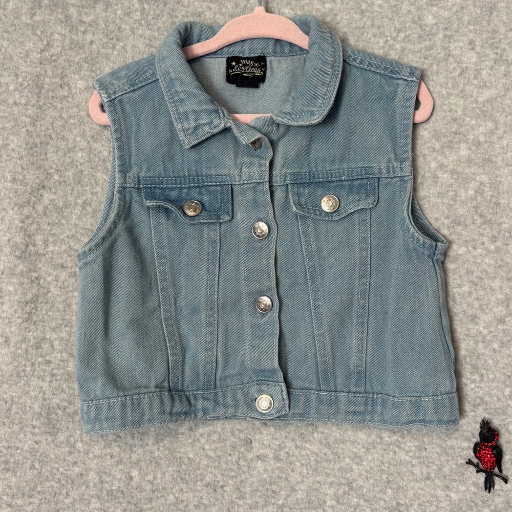 My Destiny Girls 6X Light Wash Denim Vest Star Buttons Sleeveless Blue Jean Boho